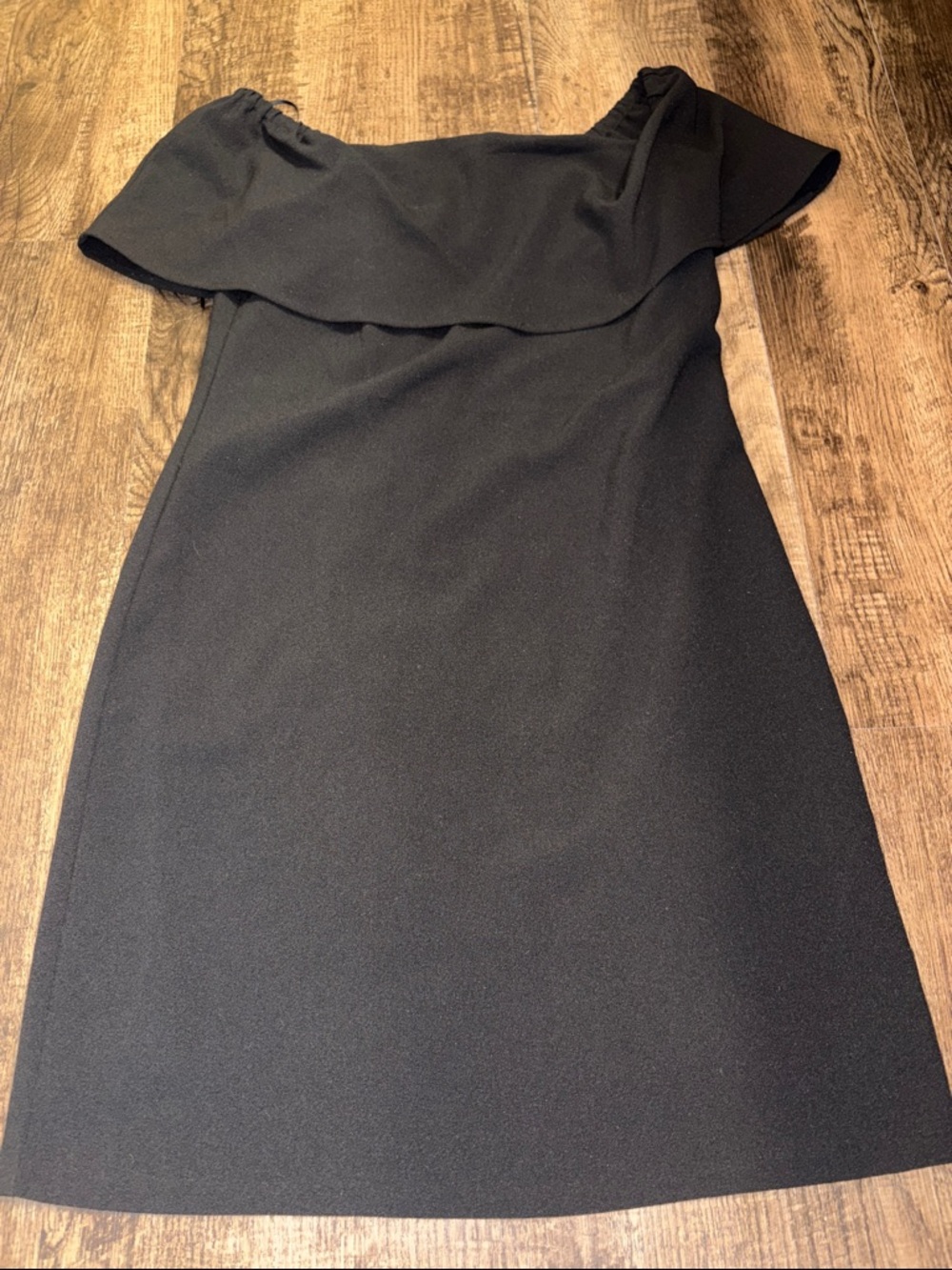 Charles Henry Black Ruffle Shift Dress with Off-Shoulder Flounce